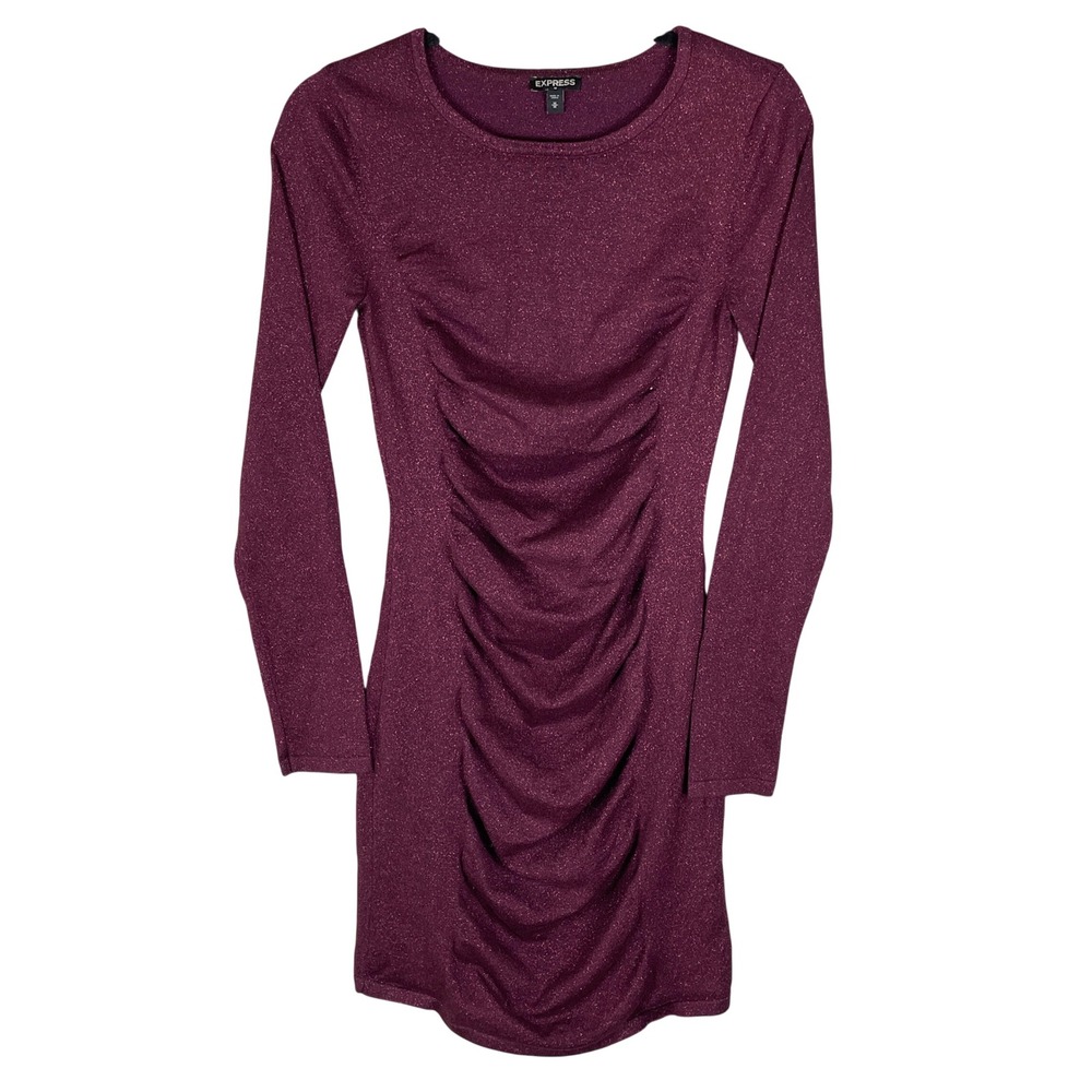 Express Dress Womens Medium Plum Purple Very Good Ruched Metallic Long Sleeve